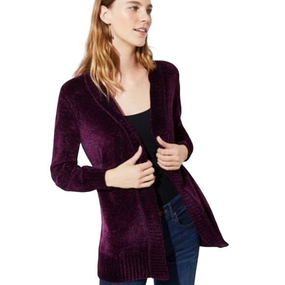 LOFT Sweaters - LOFT • Burgundy Chenille Open Front Cardigan Size Large